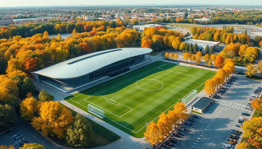 Aerial view of Oakland Roots Soccer Facility with fields and parking.