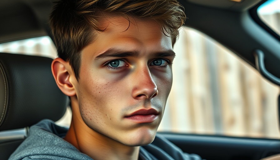 Close-up portrait of a young man sitting in a vehicle with a serious expression.