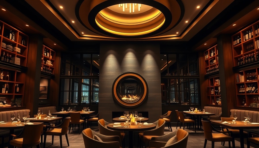 Chic restaurant interior in Healdsburg project, featuring central fireplace.