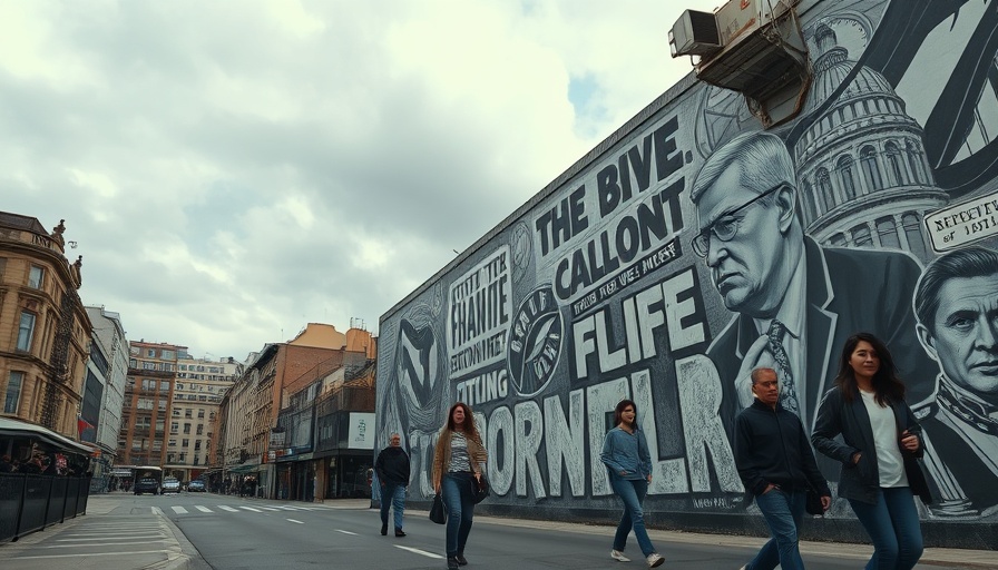 Anti-American mural in urban environment, pedestrians passing by.