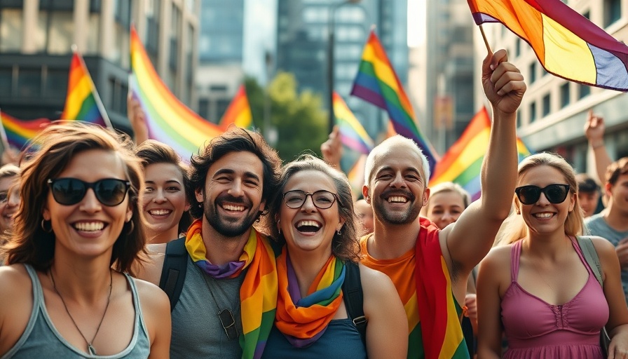 Vibrant SF Pride crowd waving flags in urban setting.