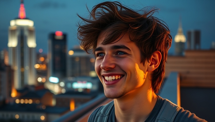 Young man smiling on a rooftop at night, Eyevee Woods San Francisco.