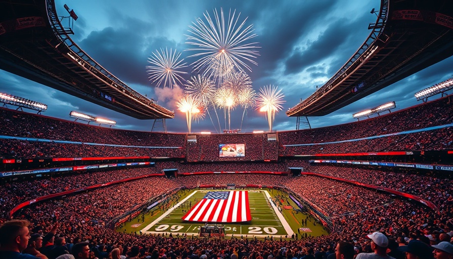 Stadium scene with fireworks and large flag during a match.