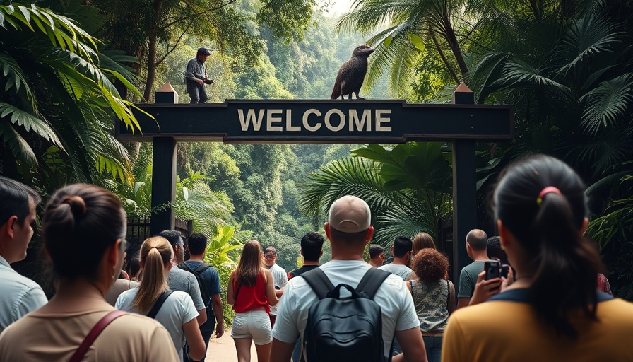 Tourists at Jonestown site taking photos of entrance sign.