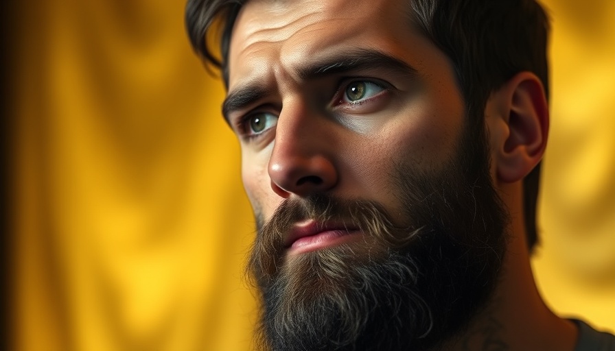 Pensive bearded man with a serious expression.
