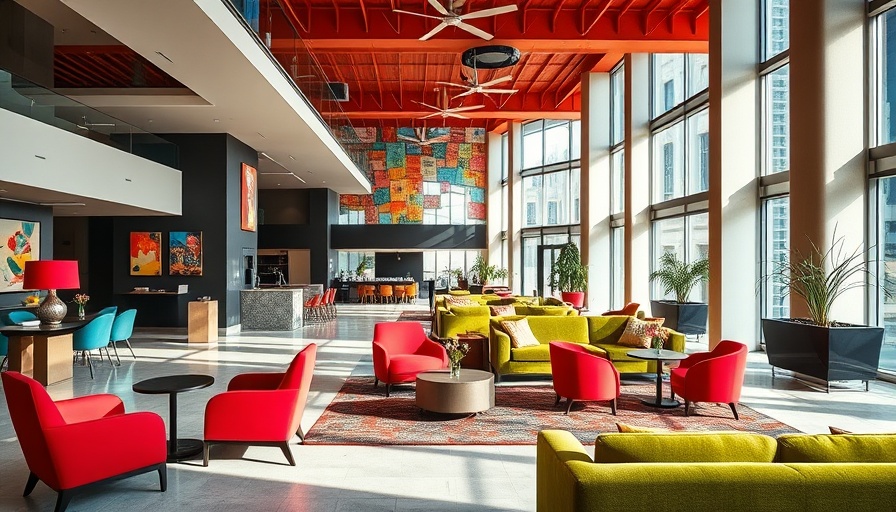 Modern lobby of a unique boutique hotel with colorful furnishings.