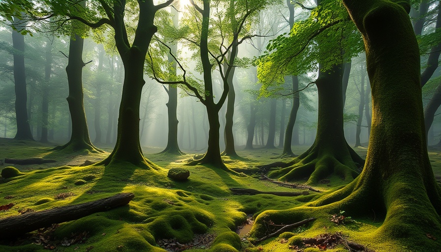 Lush forest scene with moss-covered trees and mist, Make America Beautiful Again Commission.