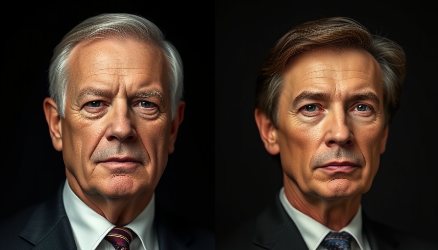 Two leaders with serious expressions in a photorealistic style.