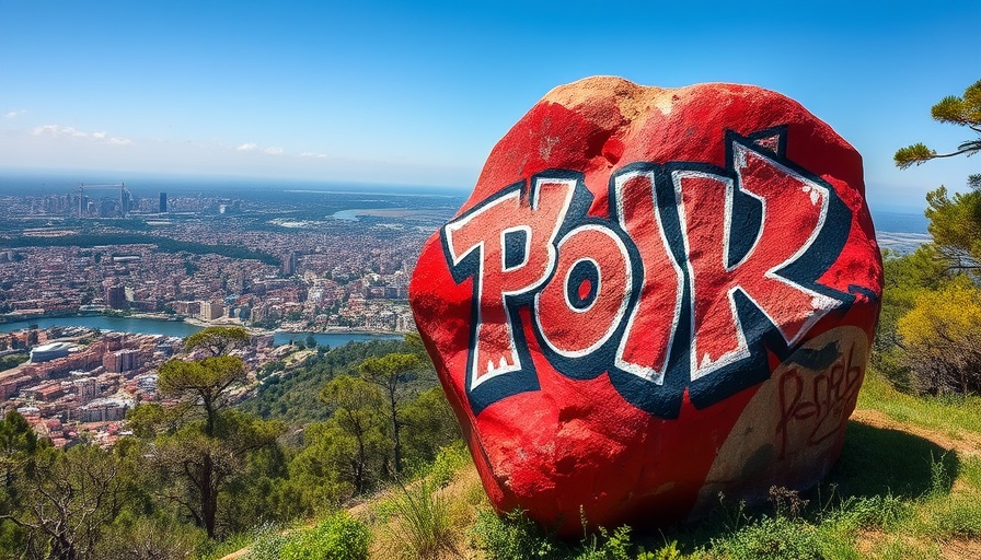 SF News: Graffiti-painted rock overlooking San Francisco skyline.
