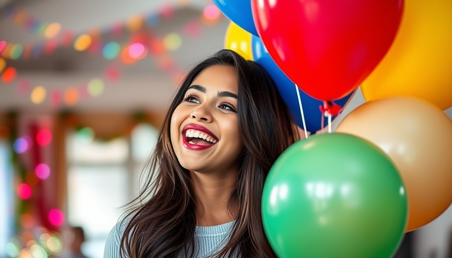 Smiling young woman holding balloons, indoors.