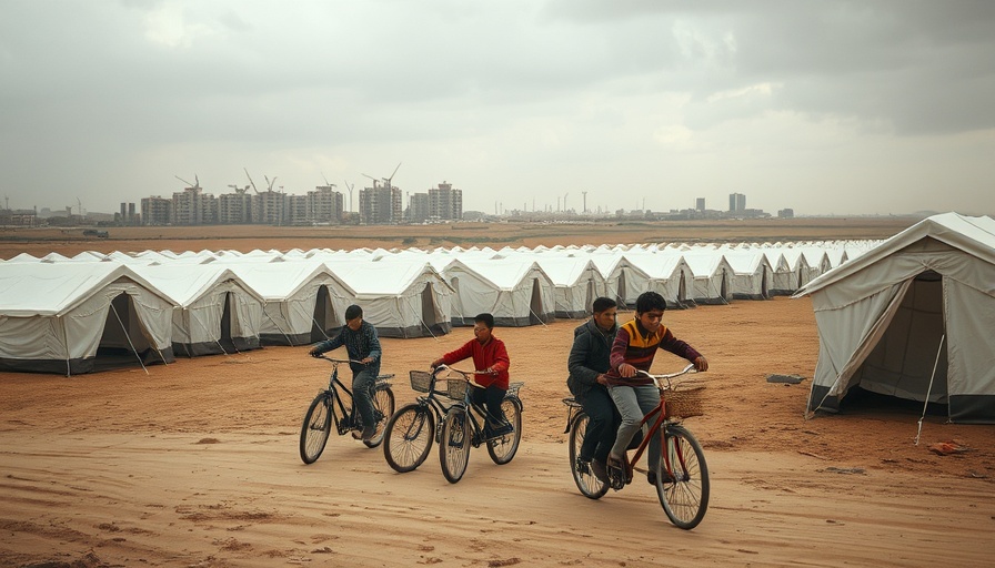 Refugee camp near urban area reflecting Israel-Hamas cease-fire negotiations.