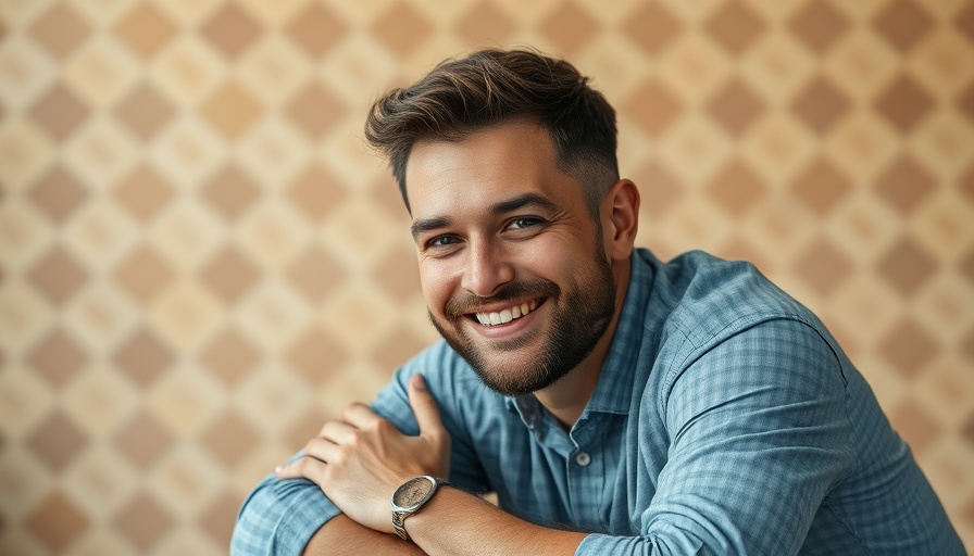 Smiling man against geometric background in soft light.