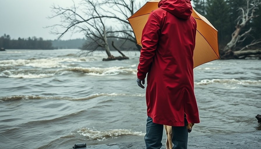 Flood rescue scene in Texas: person with umbrella and dog by a river