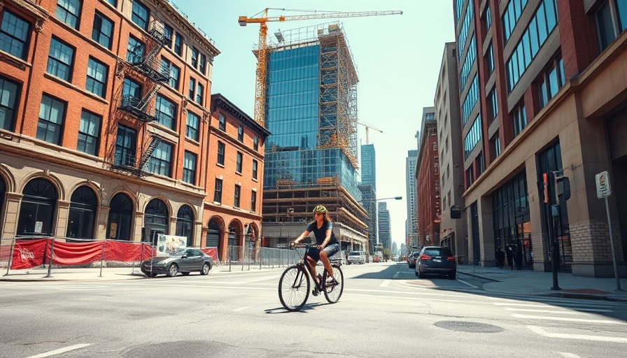 Urban cyclist near construction site under sunny skies