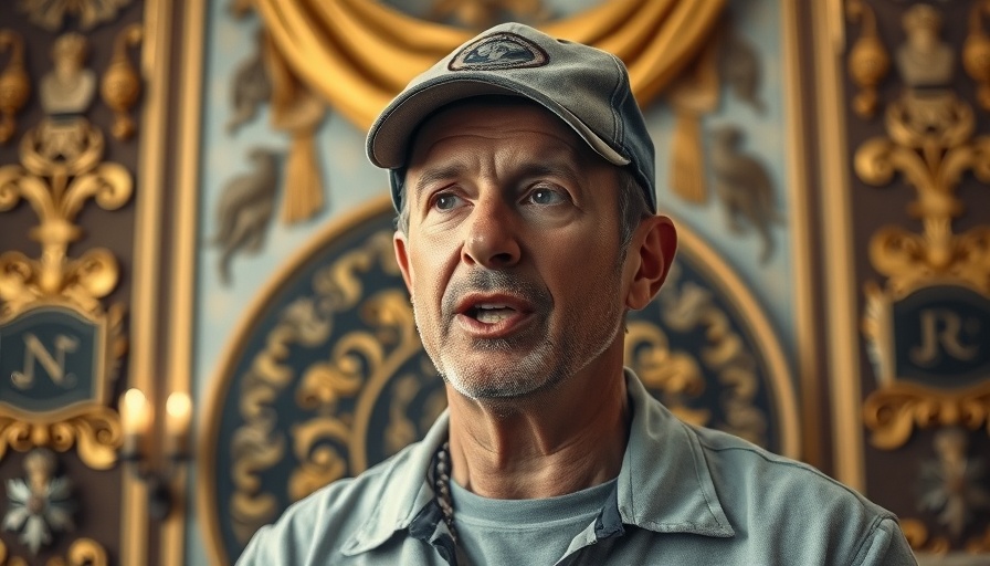 Casual man in cap speaking indoors, ornate background, photorealistic.