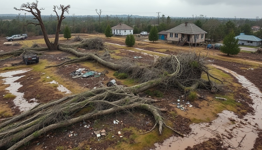Aerial view of storm-ravaged camp environment.