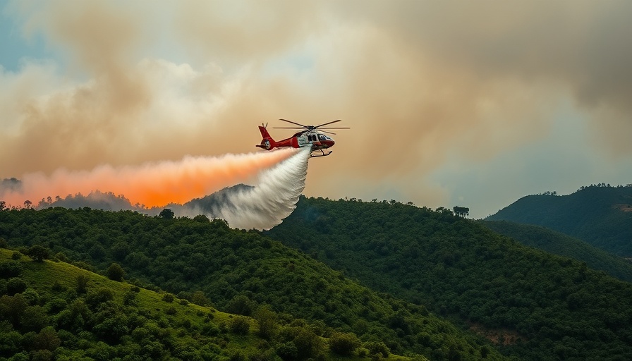 Helicopter fighting wildfire over forested hills, Turkey-Syria response.