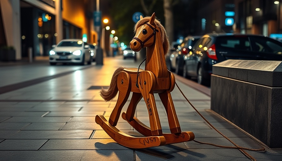 Whimsical wooden rocking horse humorously parked in San Francisco.