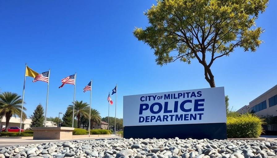 Milpitas Police Department sign with flags under blue sky.