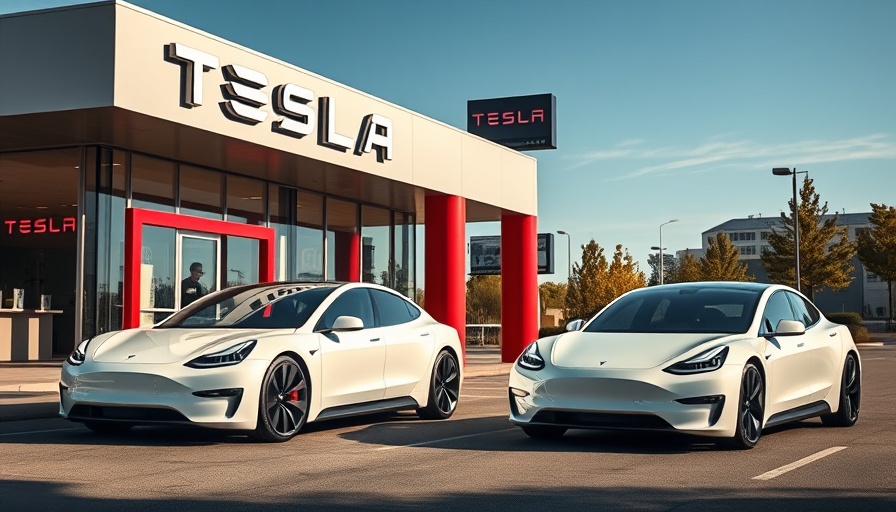 Futuristic Tesla vehicles at dealership regarding Trump tariffs on South Korea.