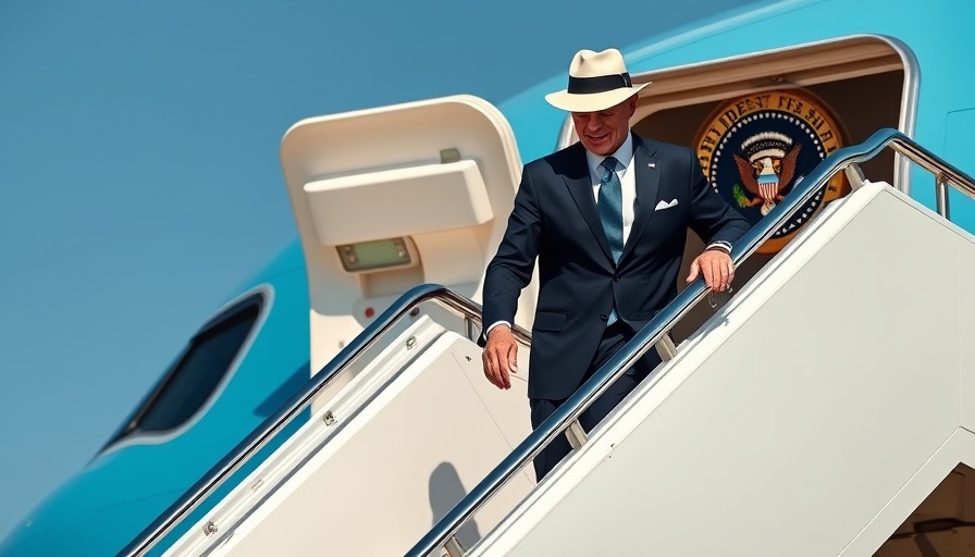Man in a navy suit descends Air Force One stairs under clear sky.