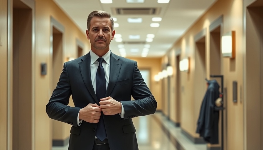 Professional man adjusting suit in a government hallway.