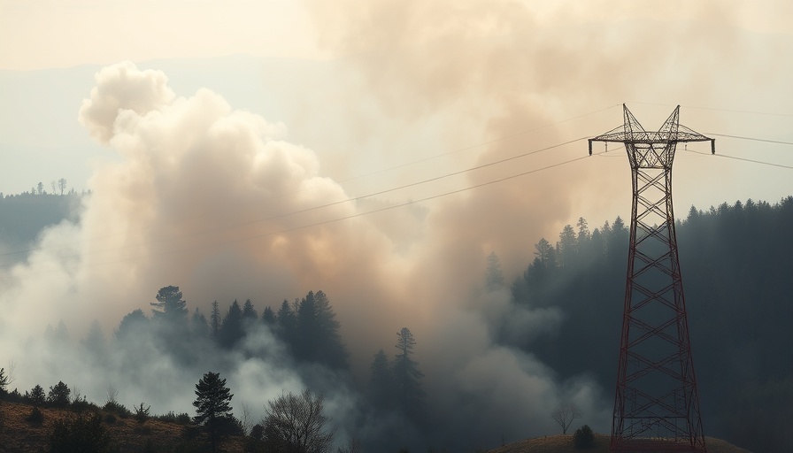Wildfire smoke near Marseille Airport with trees and power tower.