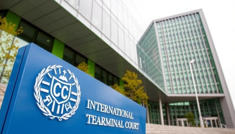 ICC building with sign related to Taliban leaders ICC warrants persecution of women.
