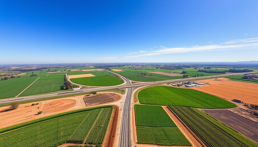 California farmland with high-speed rail construction in progress.
