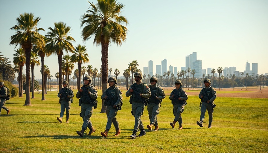 Military Sweep LA Park with soldiers patrolling under sunny skies.