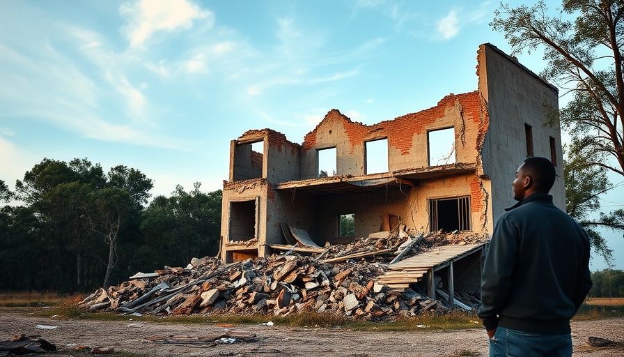 Trump military aid Ukraine: person observes destroyed building, clear sky.