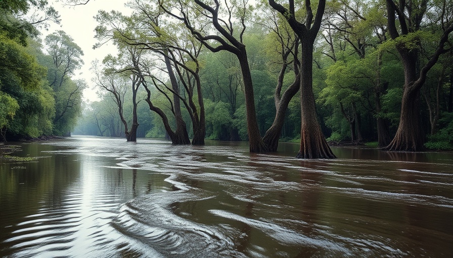 Texas Hill Country Rivers Flooding scene with reflected bent trees.