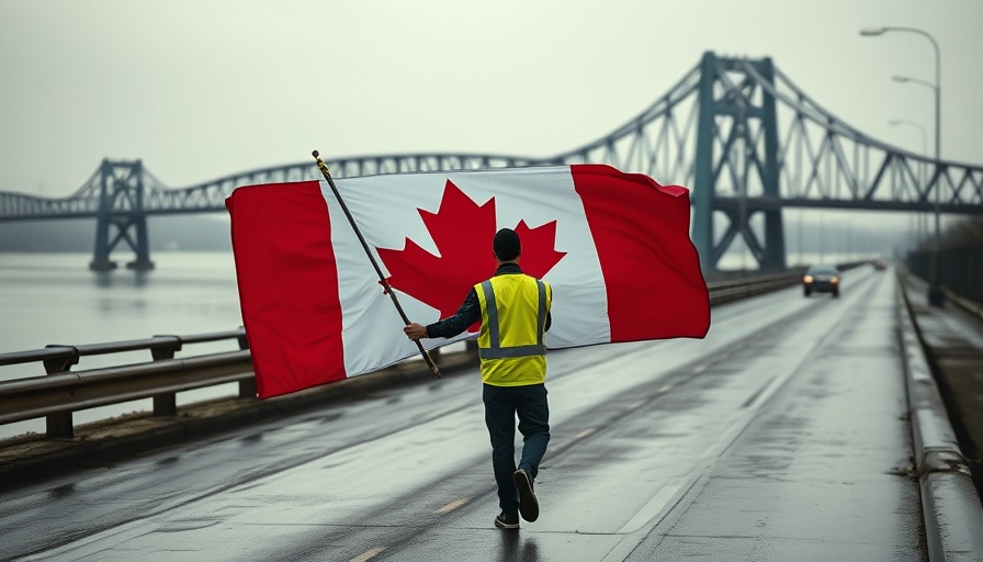 Canadian flag bearer walks near a bridge; Canadians view U.S. as a threat.