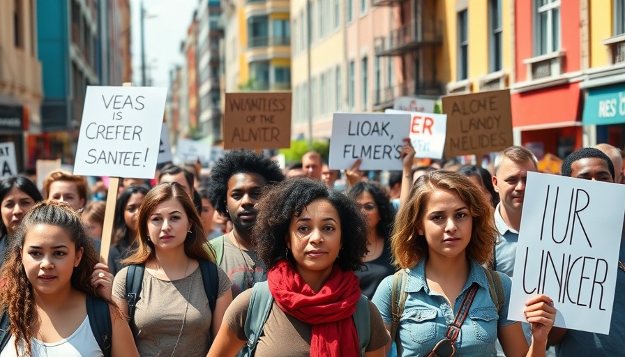 Protesters march for immigration protections in colorful city setting.