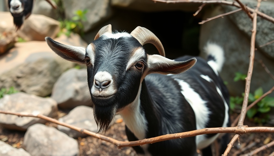 Friendly goat at Oakland Zoo named Jellybean standing near branches.