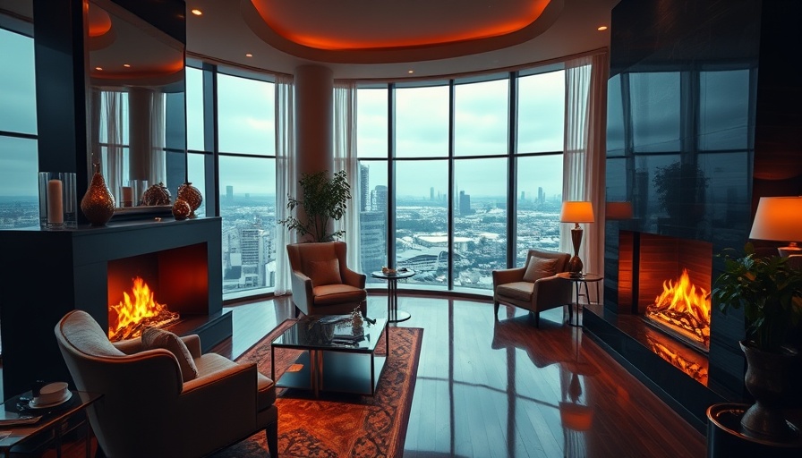 Elegant luxury hotel room with cozy fireplace and city view.