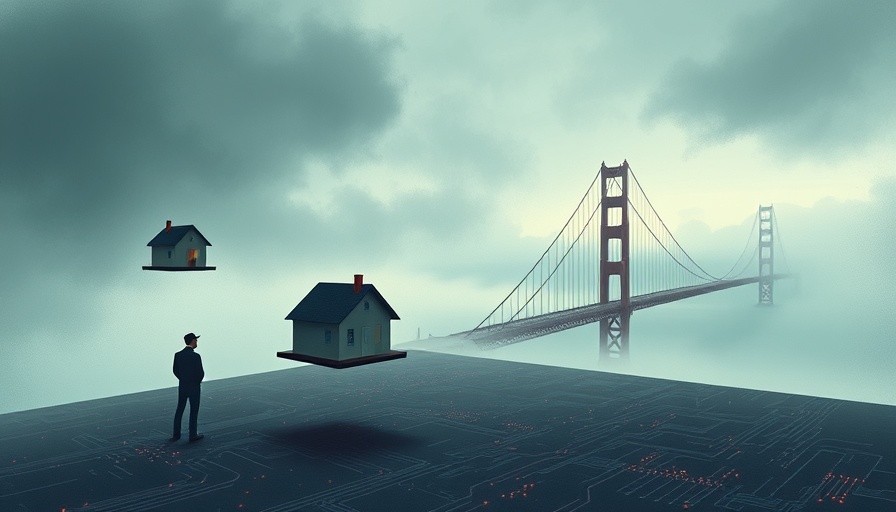 Surreal depiction of Bay Area rent-setting algorithms with floating houses.
