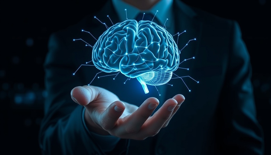 AI use in promotions concept with digital brain in hand, glowing effect.