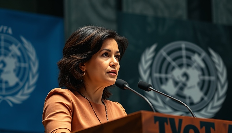 Confident woman at UN podium addressing audience, U.S. sanctions Francesca Albanese.