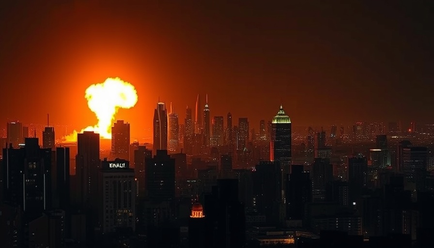 Russia bombards Ukraine at night, dramatic fireball behind city skyline.