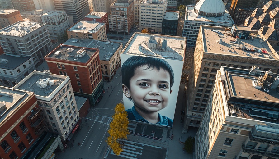 Aerial view of Oakland hotel with large mural in afternoon light.