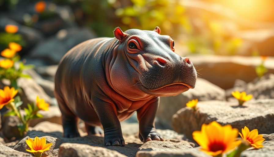 Shiny pygmy hippo near colorful flowers, Moo Deng the pygmy hippo.