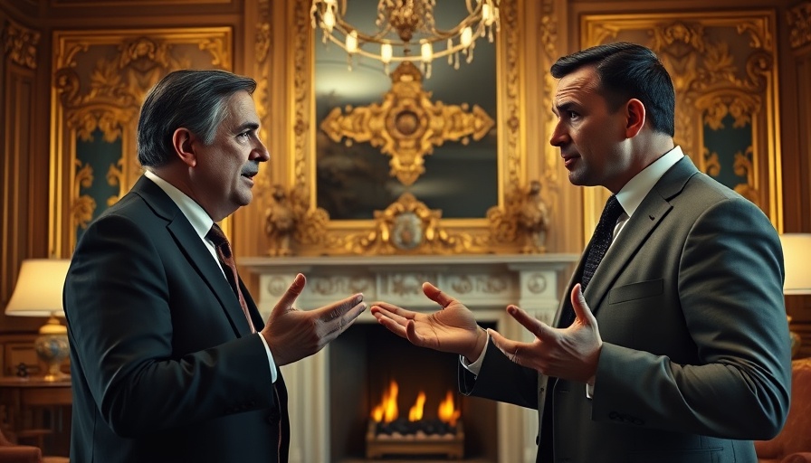 Men discussing tariffs in an opulent room with golden decor.