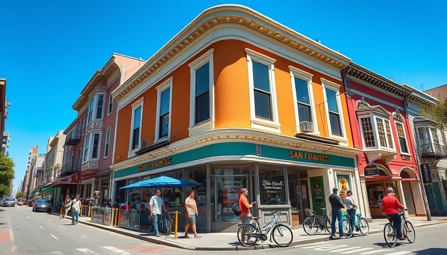 Vibrant corner building in San Francisco with people lining up outside.