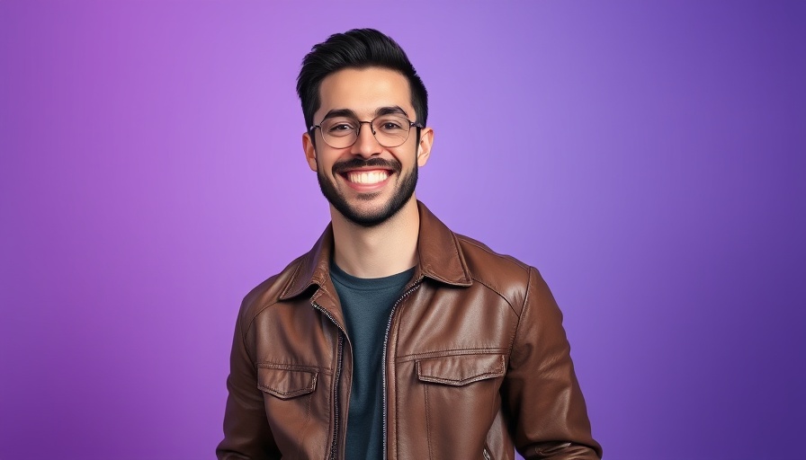Smiling man in leather jacket against gradient background, San Francisco News.