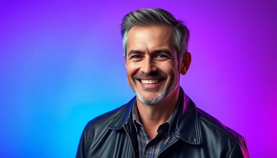 Confident man smiling with AI investments theme background.