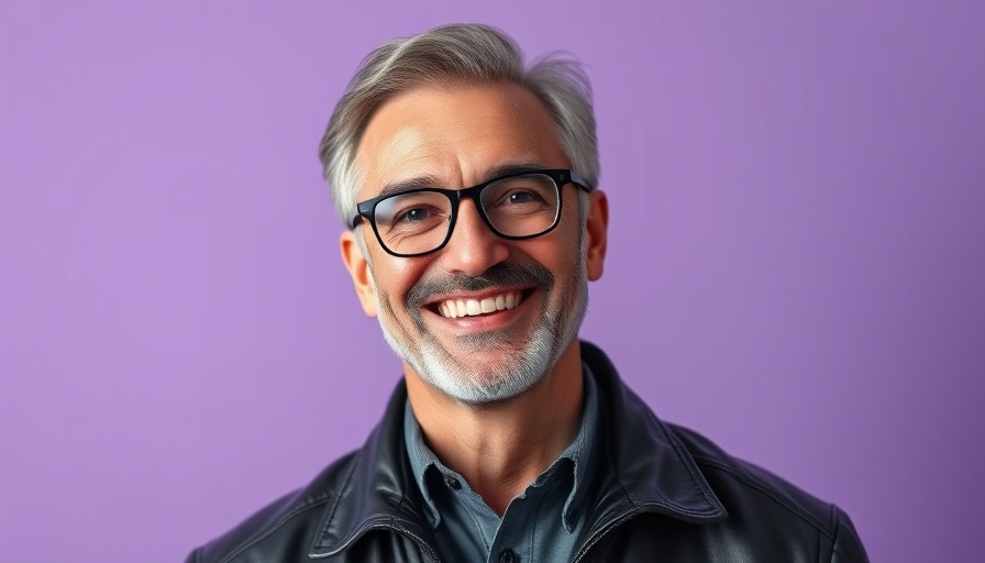 Smiling man in leather jacket on a purple background, San Francisco News