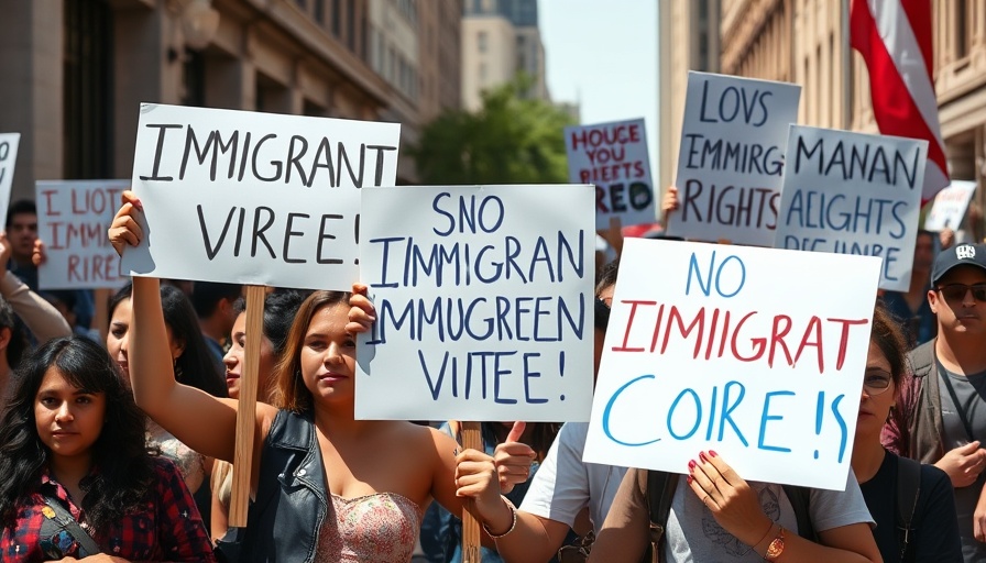 Protesters advocating immigrant rights in urban setting.