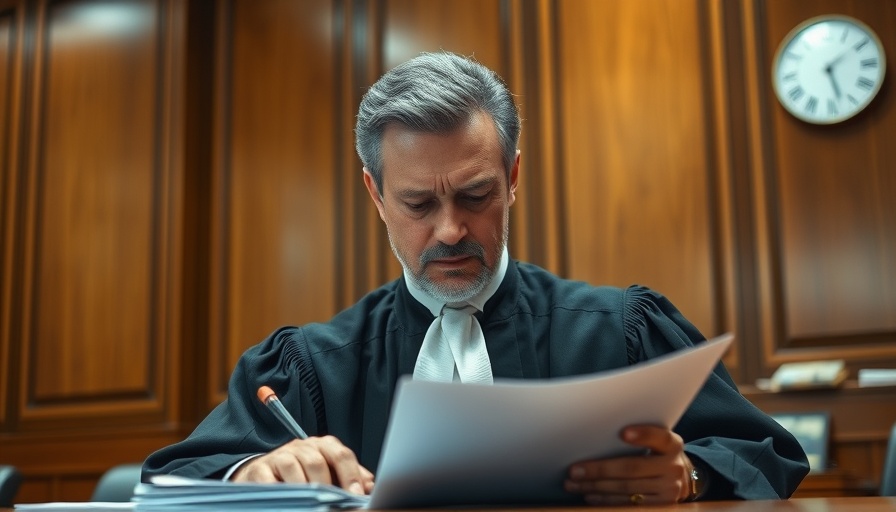 Judge reviewing documents in courtroom, blocking tactics in immigration raids, photorealistic.