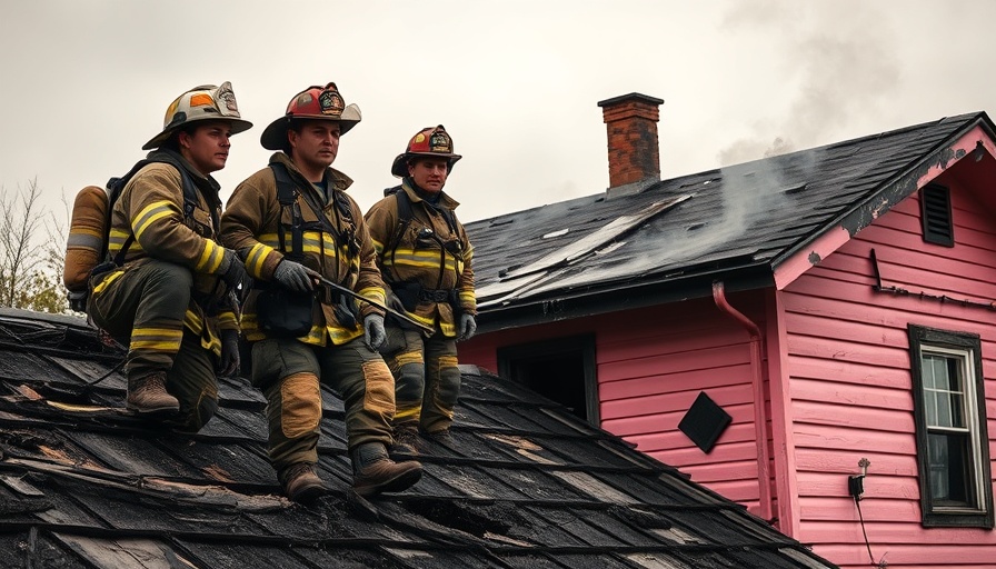 San Francisco firefighters assessing fire damage on residential rooftop.